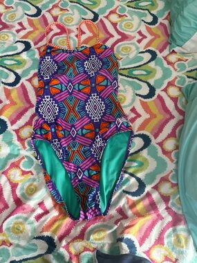 Active Girls' Purple Geo One-Piece Swimsuit with Teal Lining